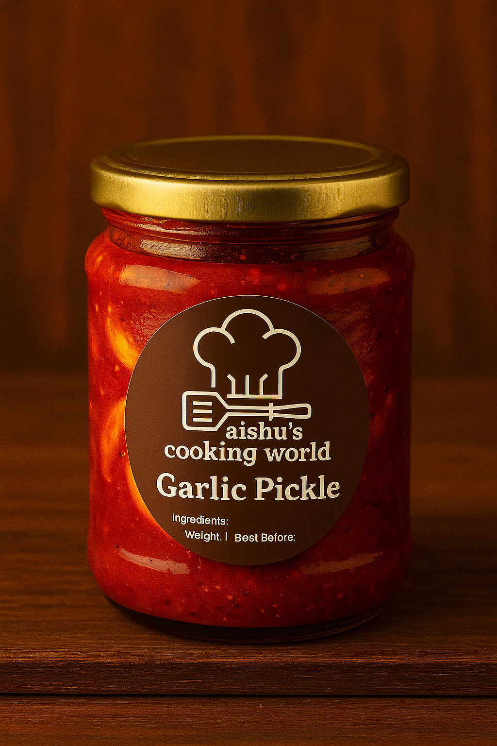  A jar of homemade garlic pickle from Aishu’s Cooking World, with a brown label and golden lid, displayed on a wooden background.