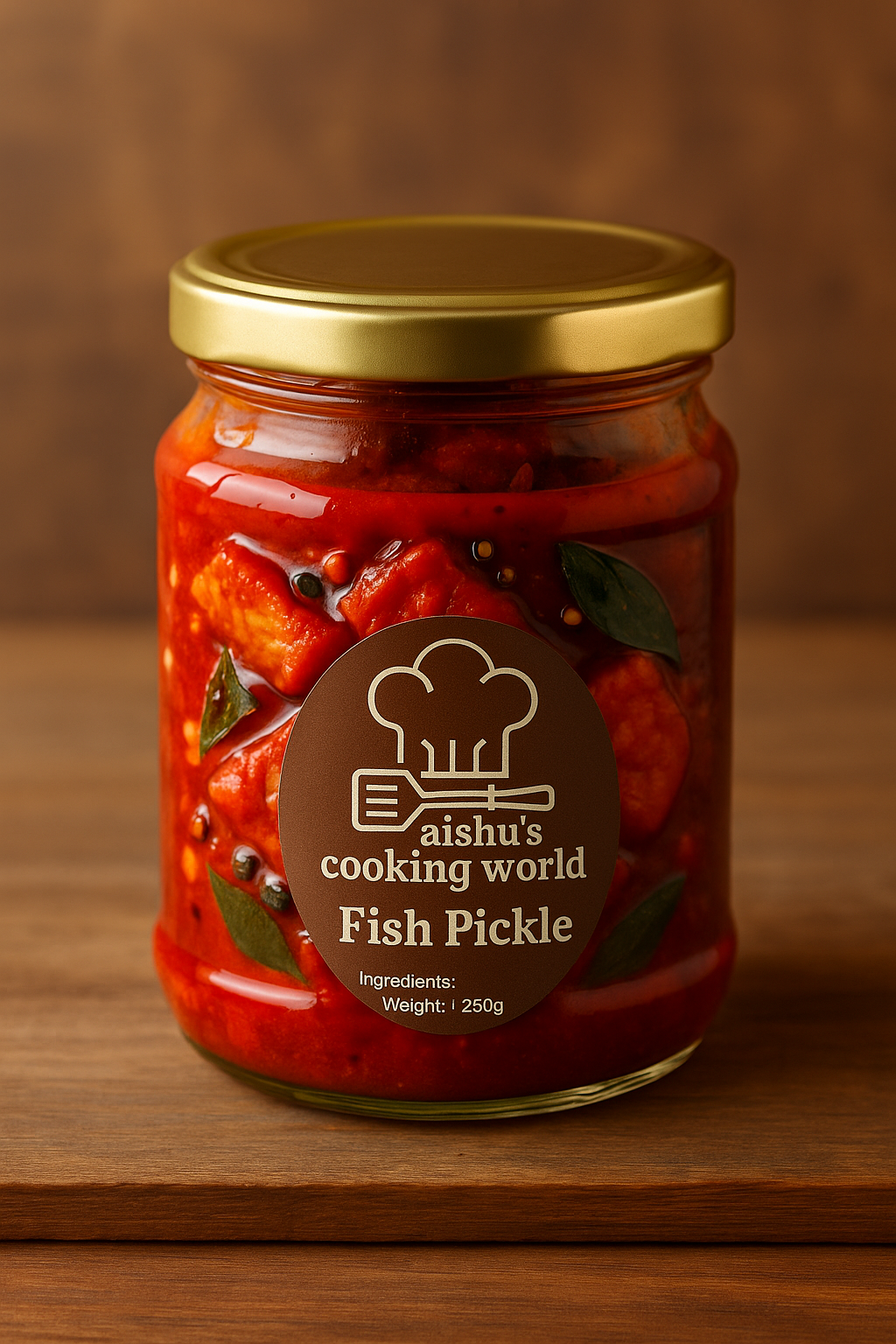  A jar of homemade fish pickle from Aishu’s Cooking World, labeled in brown with a golden lid, showing chunks of fish in rich red masala with curry leaves and spices