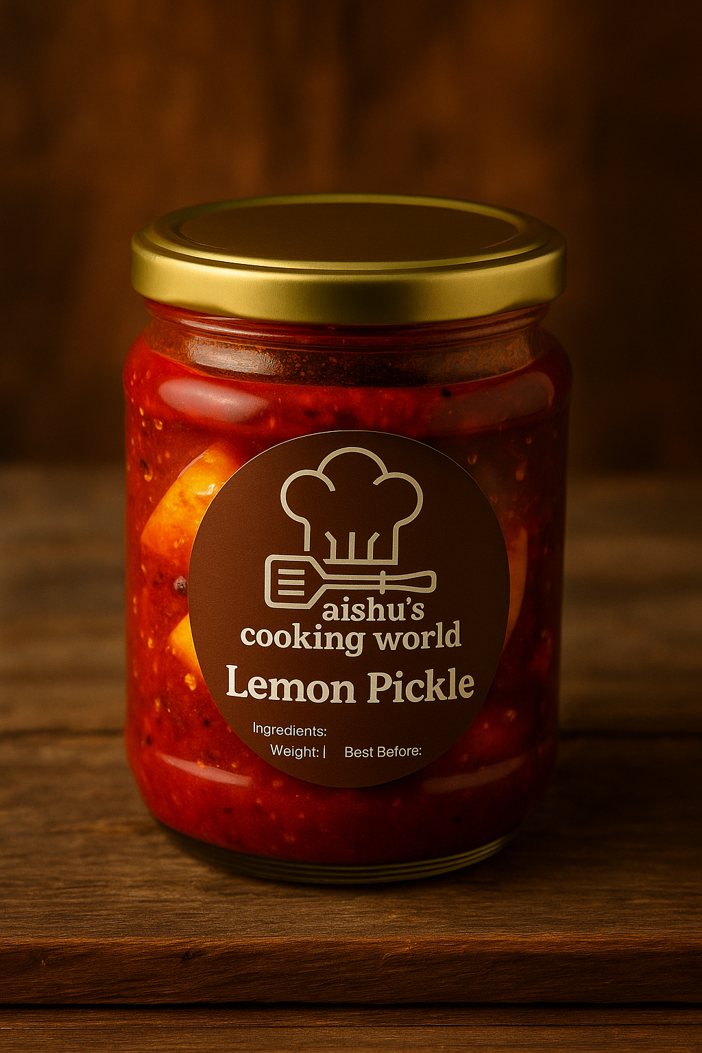A jar of homemade lemon pickle from Aishu’s Cooking World, with a brown label and golden lid, showing chunky lemon pieces in a spicy red masala.